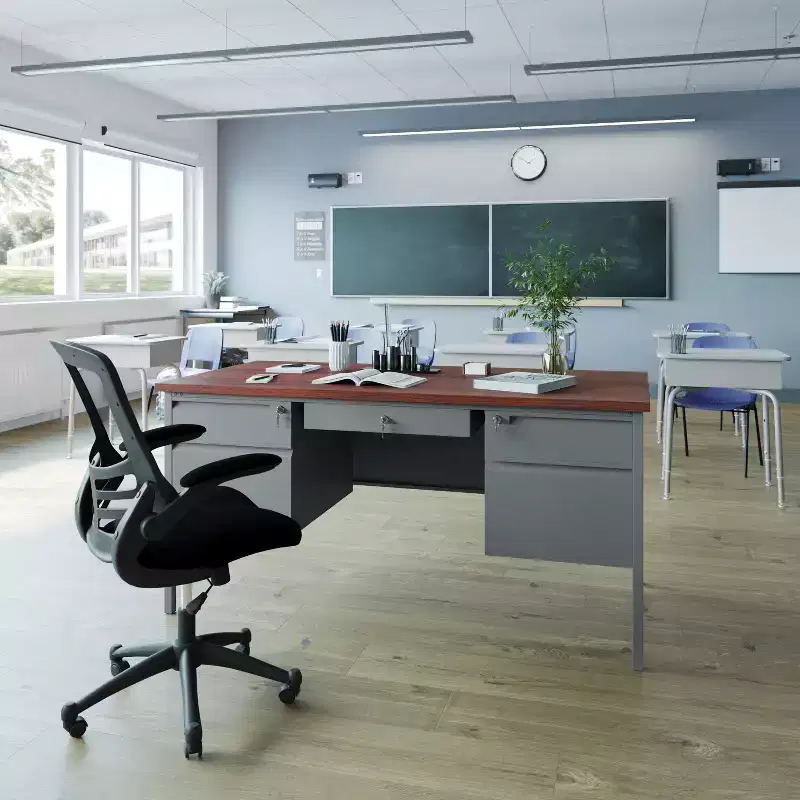 Flash Furniture Cambridge Commercial Grade 30x60 Double Pedestal Desk with 5 Locking Drawers, Mahogany Top and Charcoal Gray Frame