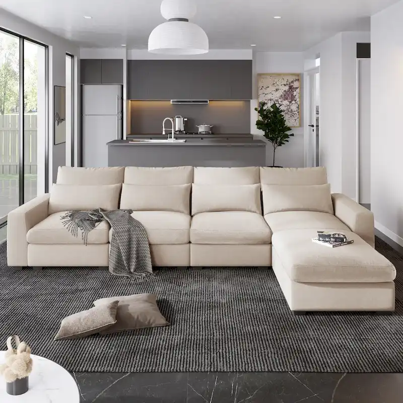 Modern Convertible Large L-shaped Feather Filled Sectional Sofa with Reversible Chaise - 129.9W x 72D x 31.5H
