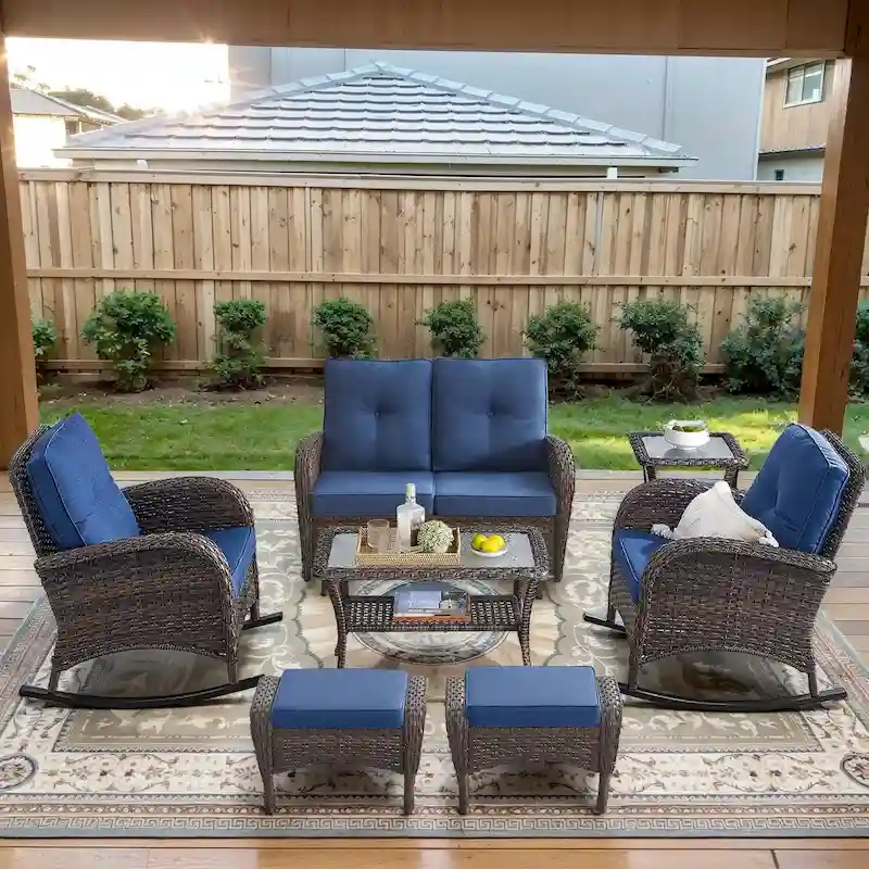 Patio Swivel Patio Chairs with 2 Seater Sofa Table Ottoman - Brown