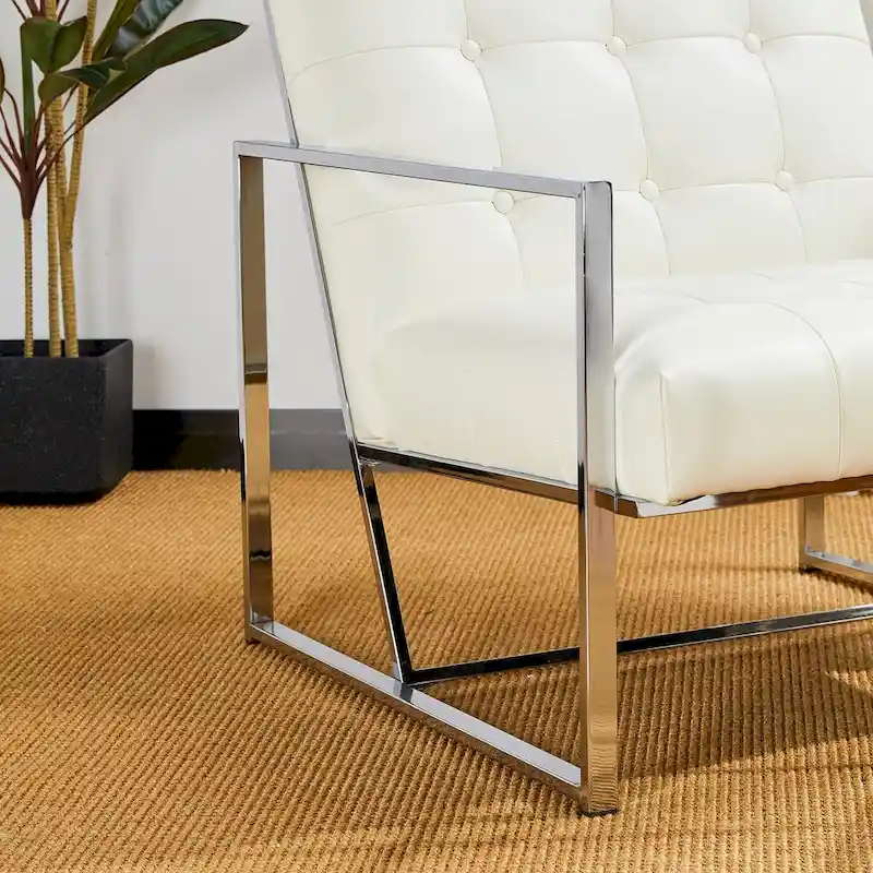 Glitzhome 30.50H Cream Mid-Century PU Leather Tufted Accent Chair with Chrome Plated Frame