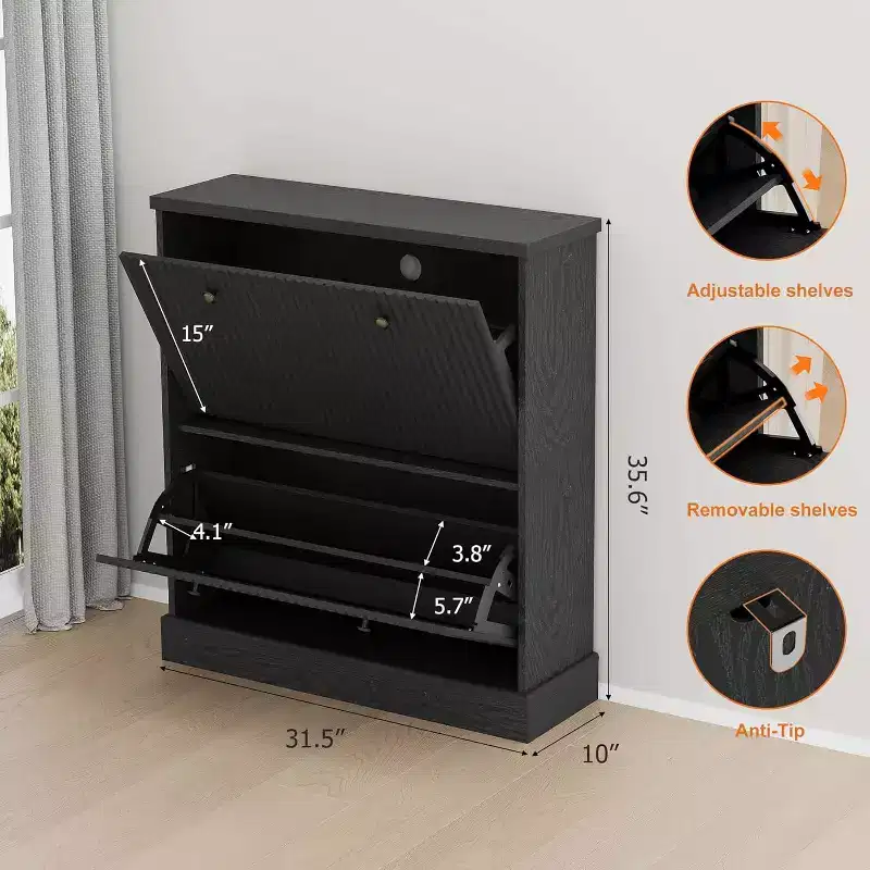 Freestanding Shoe Storage Cabinet | Hidden Fluted 2 Flip Drawers | Adjustable Shelf for Entryway