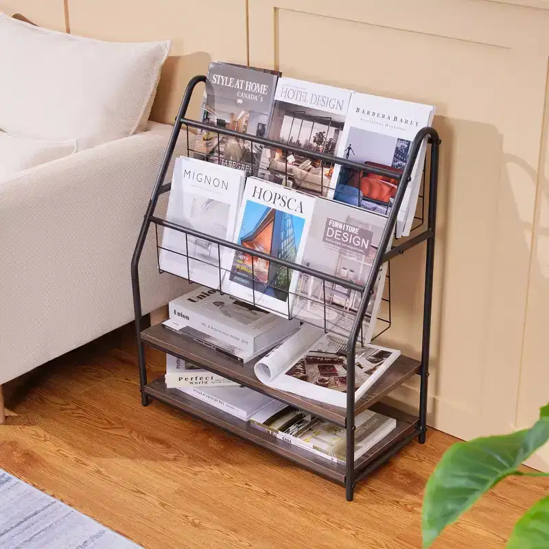 2-Tier Metal Frame Freestanding Bookshelf & Magazine Rack for Small Spaces