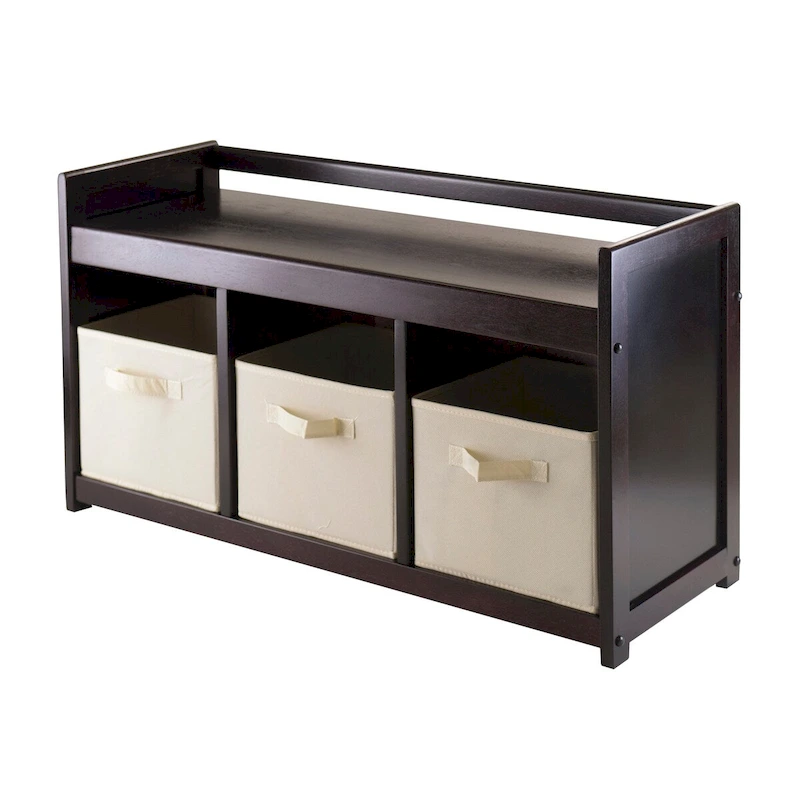 Addison 4-Pc Storage Bench with 3 Foldable Fabric Baskets - 37.4W x 13.3D x 20.8H