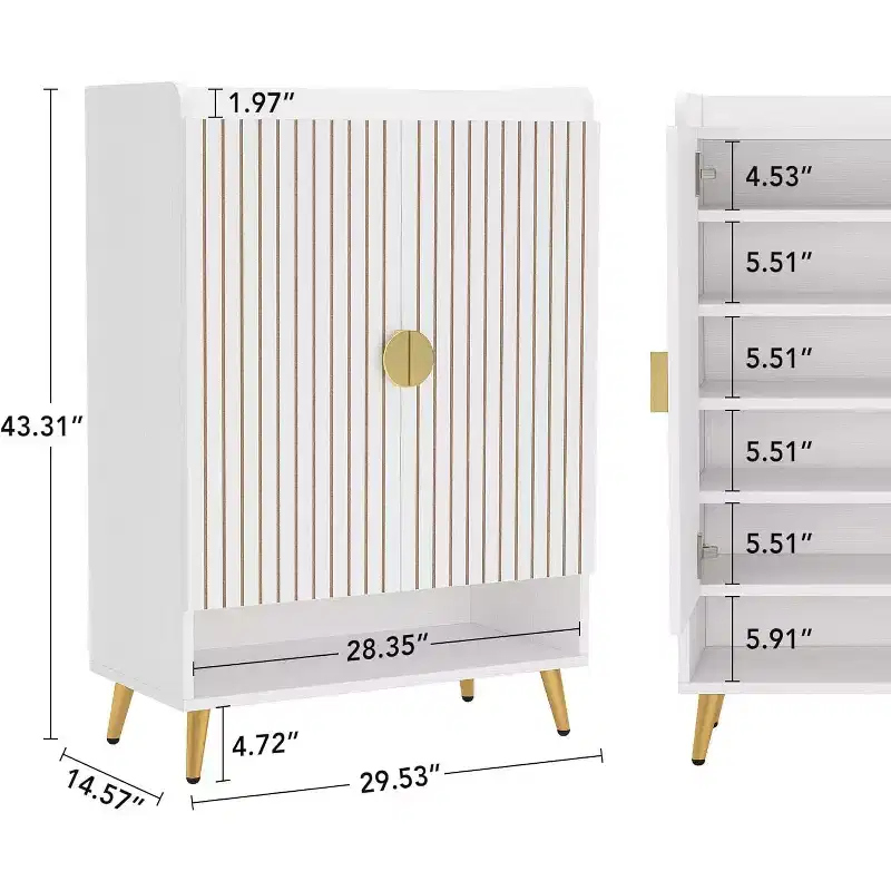 Lantine 6-Tier Wooden Shoe Cabinet with Doors and Adjustable Shelves, White & Gold, ideal for Entryway, Hallway, Closet, Living Room shoe storage.