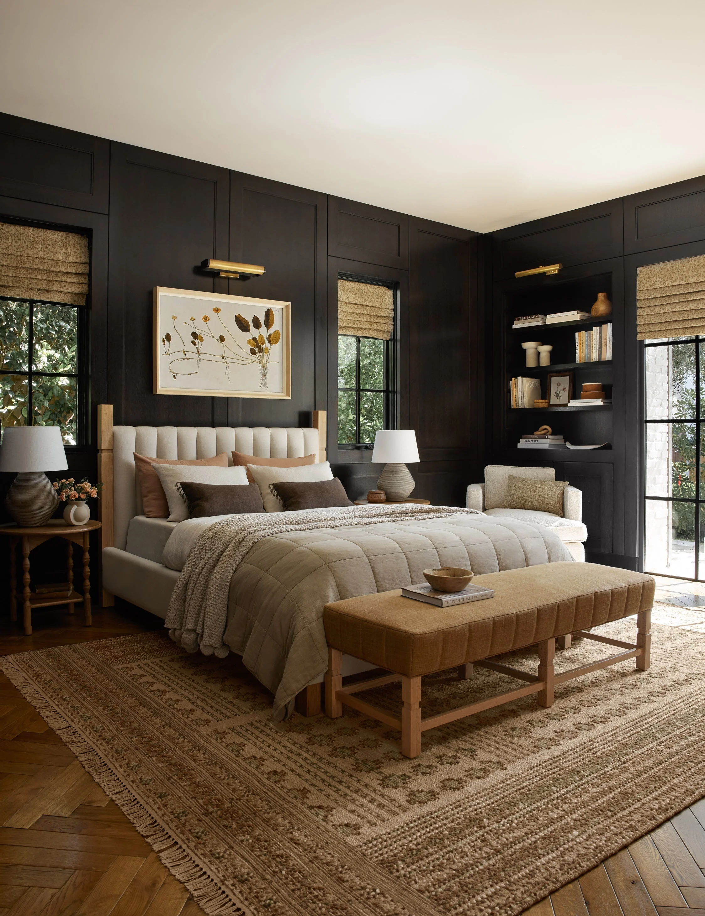 Bed Upholstered, Tailored, Headboard Combining tailored style and classic materials, this wood-post bedframe is the epitome of timeless comfort
