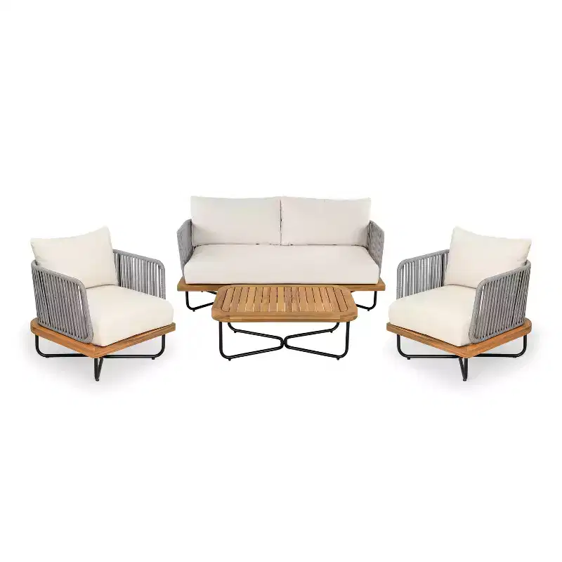 Christopher Knight Home Galen 4 Piece Outdoor Rope Woven Acacia and Iron Frame Upholstered Seating Set