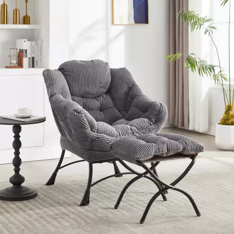 Zeus & Ruta Modern Upholstered Lounge Chair with Armrests, Side Pocket & Matching Ottoman