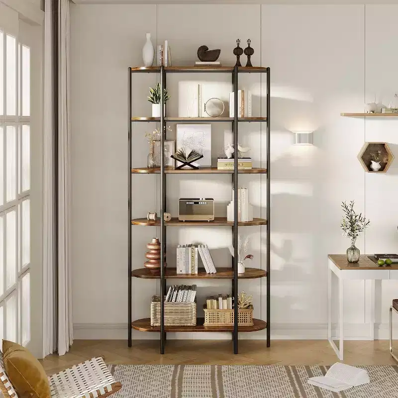 TROPOW 6 Tier Tall Bookcase Industrial Bookshelves Oval Vintage Bookshelf Metal Frame Unique Display Shelf Storage for Home Office, Brown