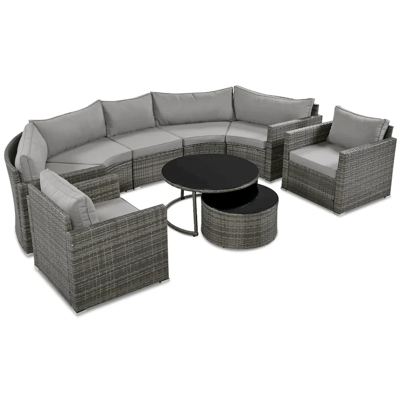 9-Piece Half-Moon Sectional Set with Nesting Table & Armchairs