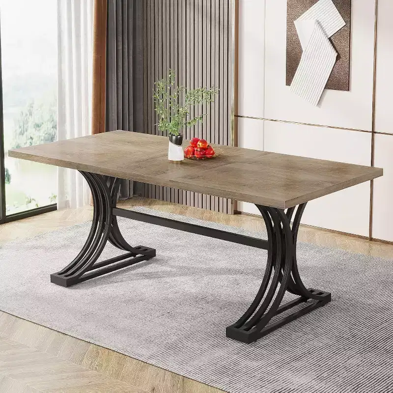 63-Inch Rectangular Dining Table for 4 to 6, Faux Marble Veneer Top with Golden Half-Moon Legs