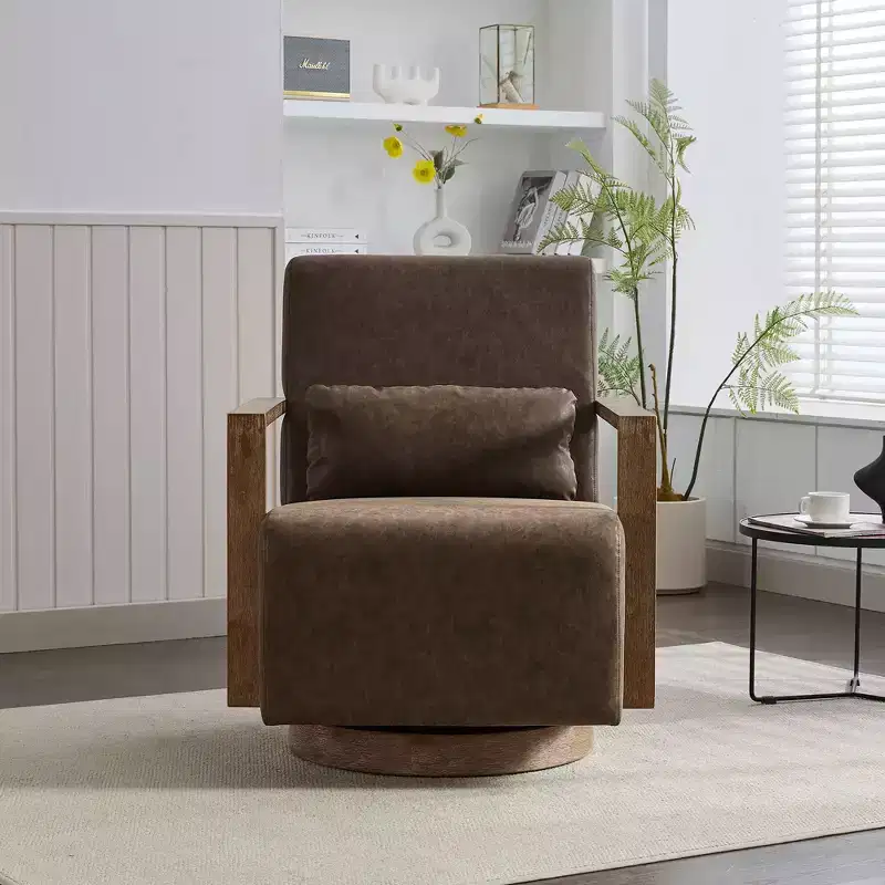 MDF & Leather 360-Degree Swivel Accent Chair with Solid Wood Armrests, 37