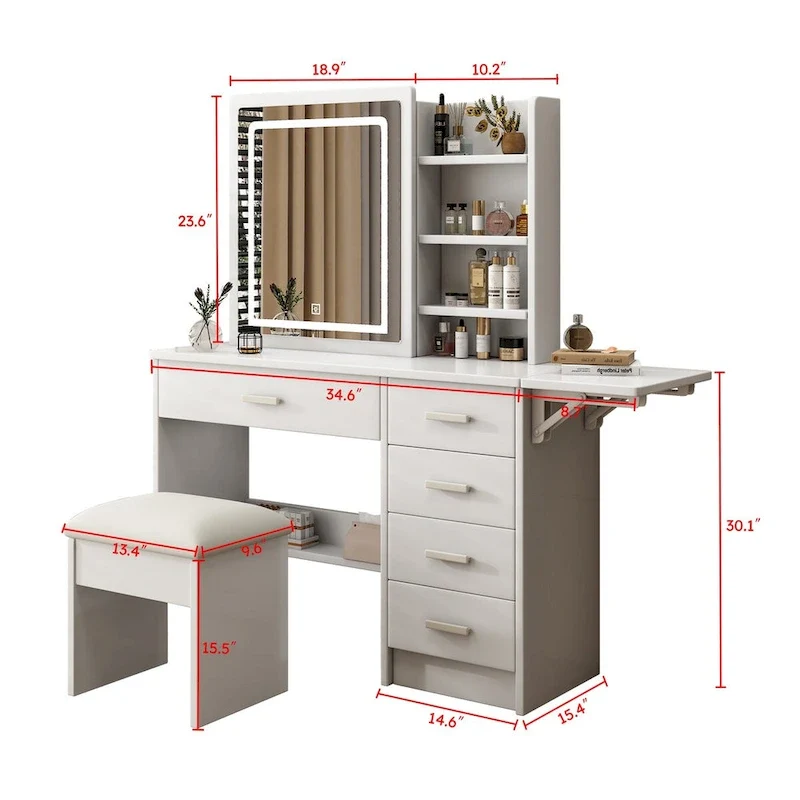 Vanity Desk with Mirror and Lights with open shelves and Chair,Table Set with 3 Color Lighting Brightness Adjustable,5 Drawers