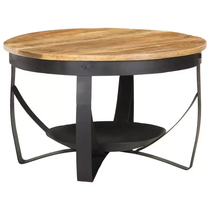Round Coffee Table, Solid Mango Wood Top with Black Iron Frame, 26.8 x 16.9 in