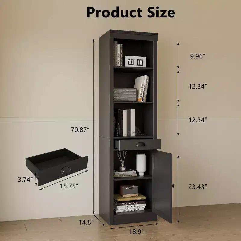 71 Tall Bookcase with Cabinet, 3 Tier Wood Open Bookcase with Adjustable Shelves, Large Display Storage Shelf, Standing Shelving Unit for Home