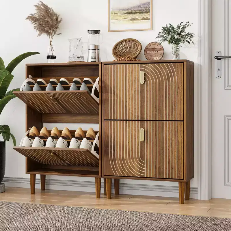 Freestanding Shoe Cabinet with Two Flip Drawers and Wave Doors for Entryway and Closet Organization