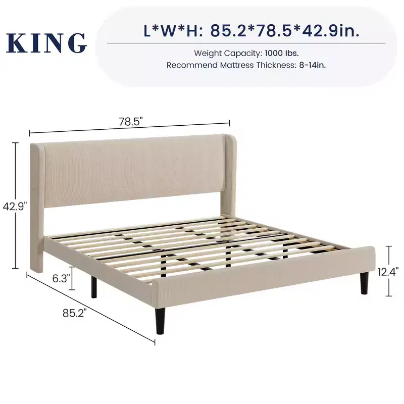 King Bed Frame,Platform Bed with Wingback Headboard,Upholstered Bed Frame with 2 Storage Pockets, Strong Wooden Slat Support, Easy Assembly