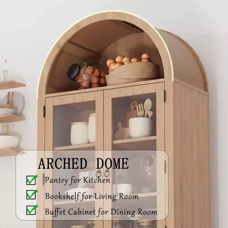 COZONY 71 Arched Pantry Cabinet with Rattan Doors and Drawer, Tall Wood Storage Cabinet with 6 Shelves