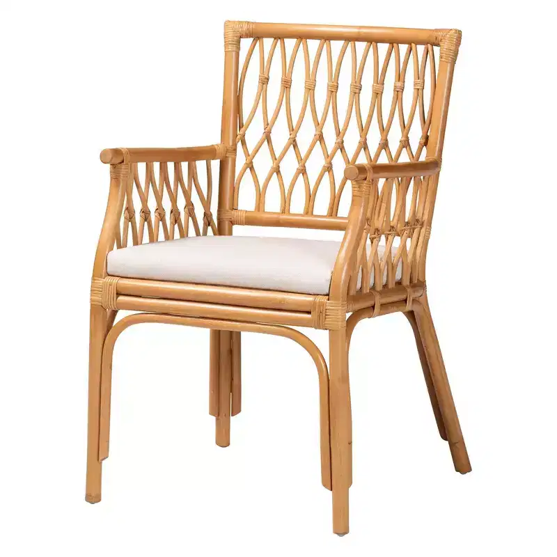 Bohemian Natural Rattan Arm Chair with Removable Cushion, Light Honey