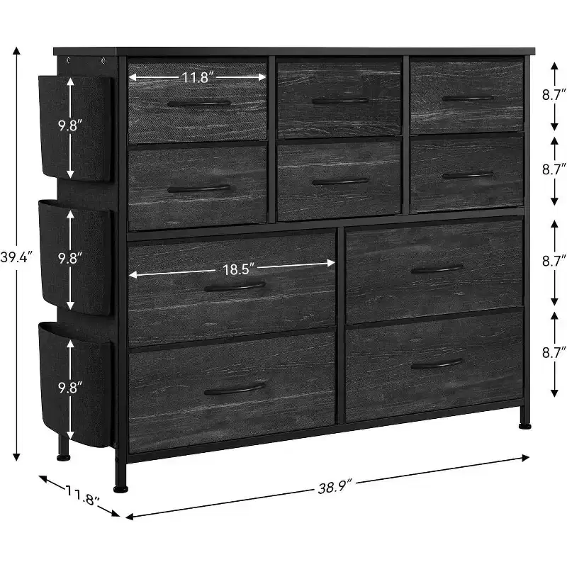 Acekool 10-Drawer Multifunctional Dresser Tower with Fabric Pockets, Hooks & Waterproof Top