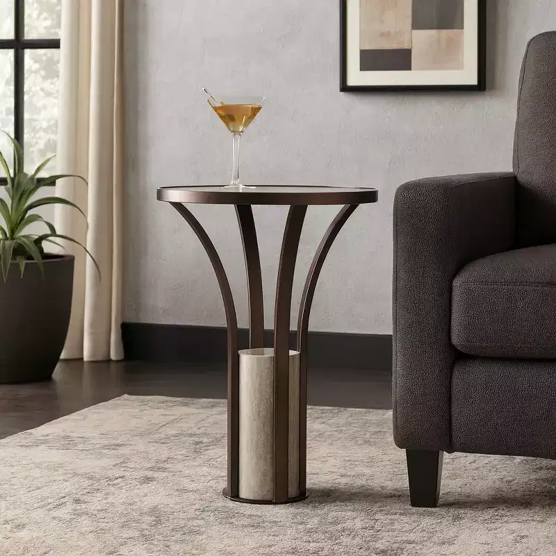 Home Decor End Table, Side Table, or Night Stand - Sleek Marble Top with Cylindrical Stone Pedestal for Big or Small Spaces - 24 Bronze & Copper