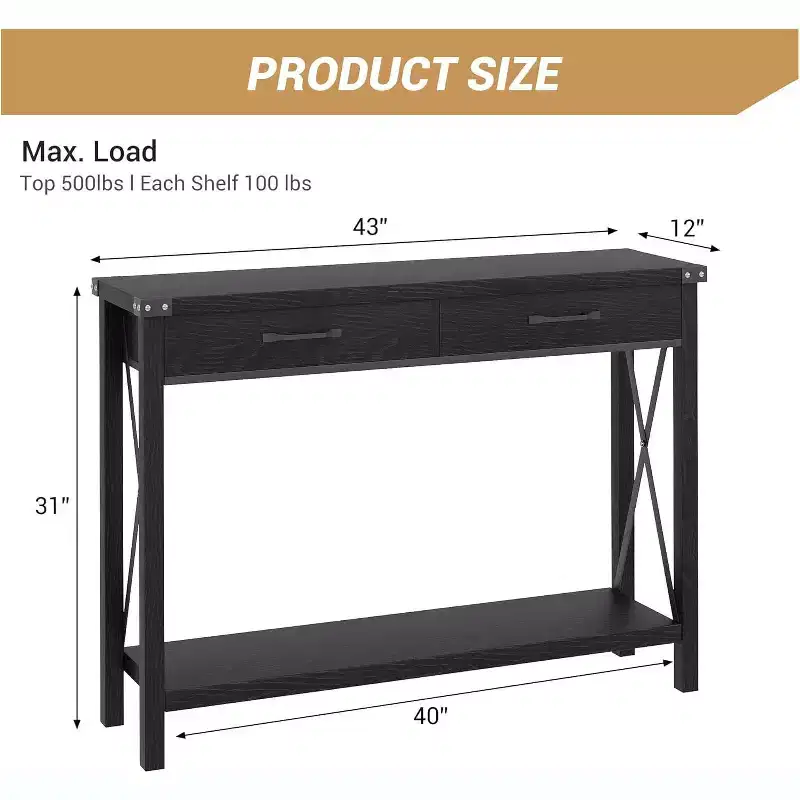 Console Table with 2 Drawers, Wood Entryway Table with Storage Shelf, Sofa Tables Narrow Long for Living Room, Entryway, Hallway, Foyer