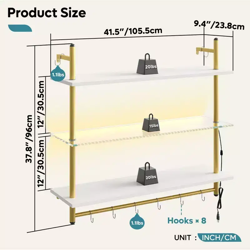Bestier 41 Floating Shelves with LED Light, 3-Tier Wall-Mounted Wood Shelves with 8 S-Hooks, White Finish & Gold Frame