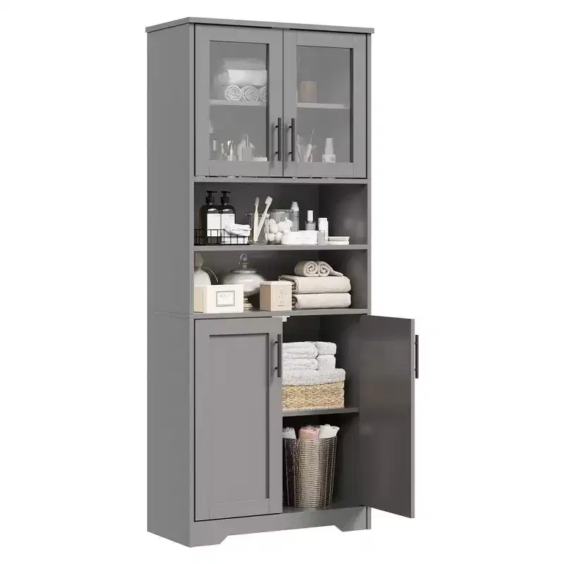 GustoWave Tall Bathroom Cabinet, Freestanding Bathroom Storage Cabinet with Glass Doors and Adjustable Shelves, 67 Cupboard Modern Storage Cabinet
