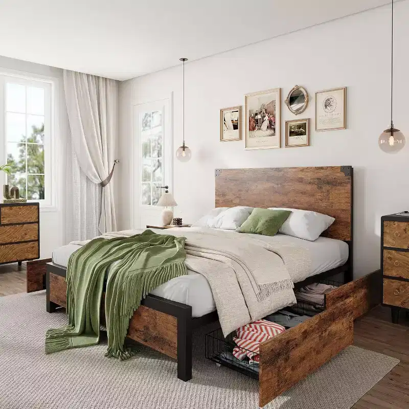 Full Size Bed Frame with 4 Storage, Strong Metal Support Platform Bed Frame with Vintage Wooden Headboard and Footboard, No Box Spring Needed