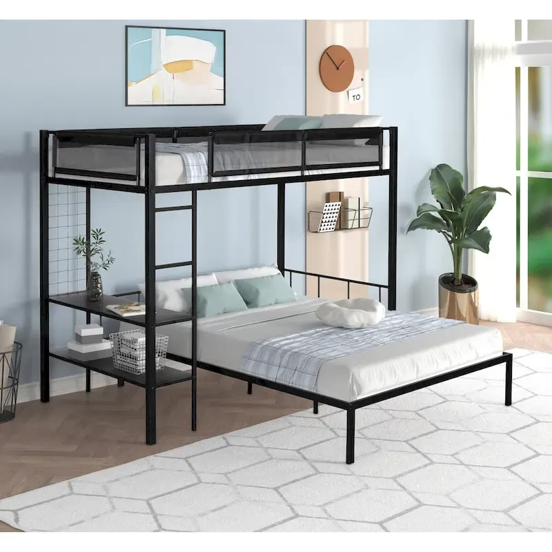 Twin over Full Bunk Bed with Shelves and Grid Panel