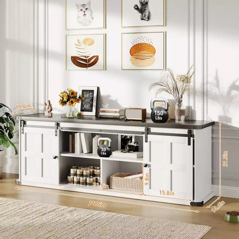 Farmhouse TV Stand for 75 inch TVs with Power Outlet, Long Entertainment Center with Sliding Barn Doors for Living Room, Bedroom, Black white