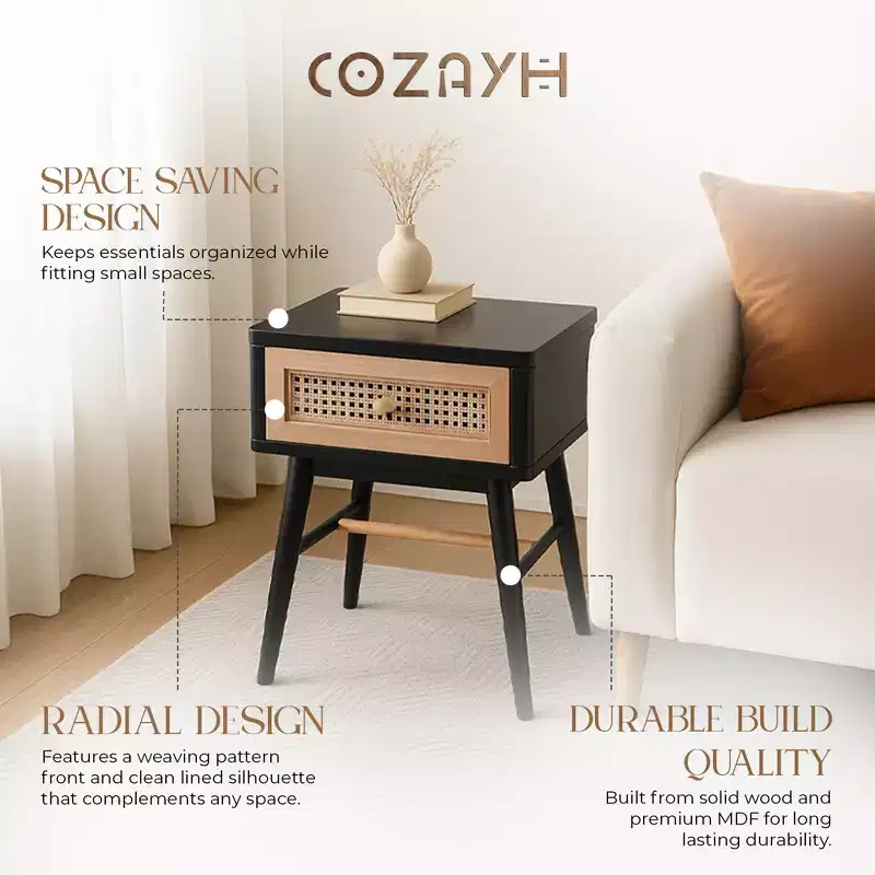COZAYH Modern Farmhouse 2 Drawer Bedroom Nightstand, Bedside End Table with Single Compartment Storage and Weave Pattern Front, Black