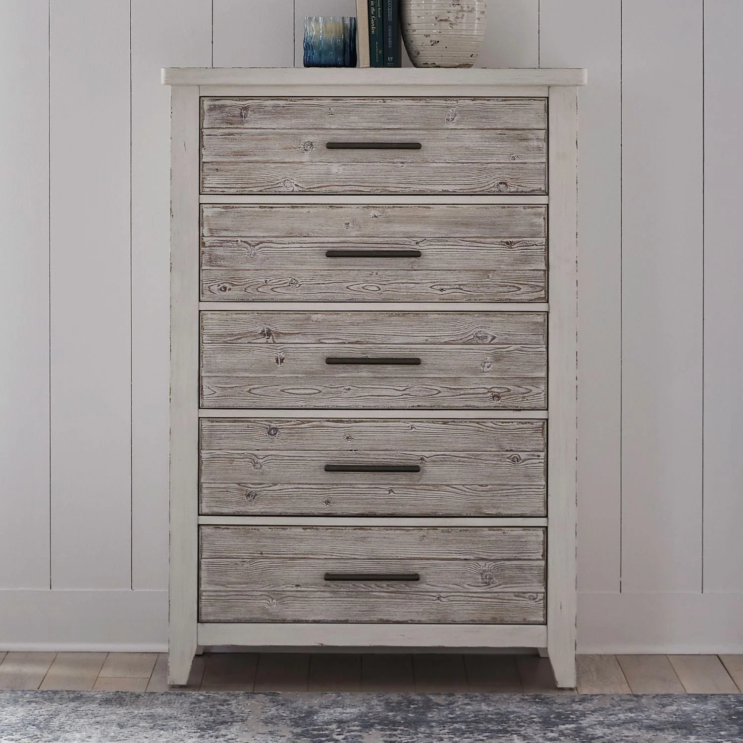 5 Drawer Chest - Weathered White — expresses a simple essence with comfortable styling