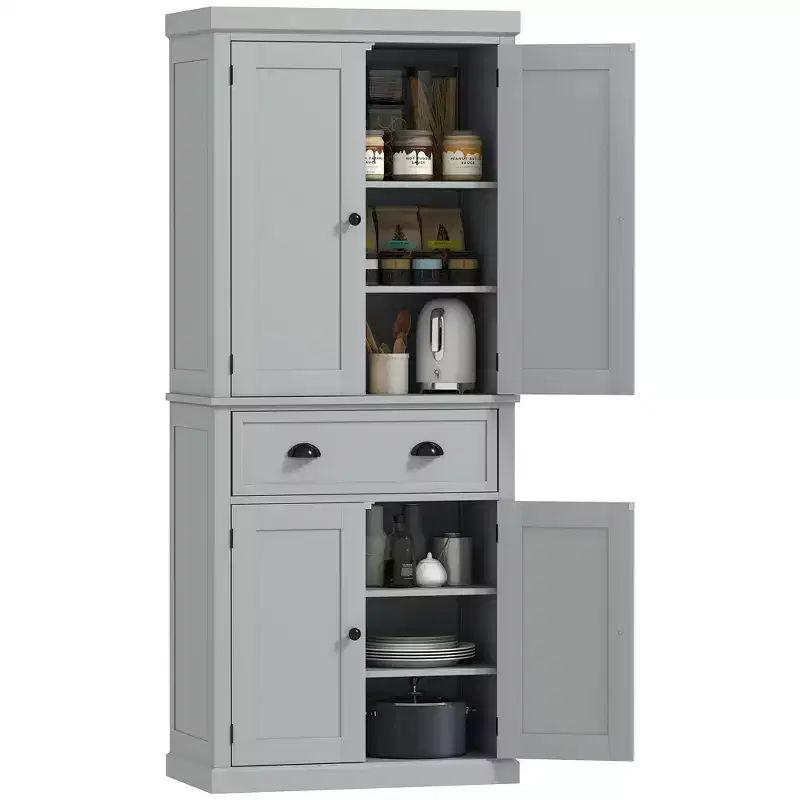 HOMCOM 72.5 Traditional Freestanding Kitchen Pantry Cupboard with 2 Cabinet, Drawer and Adjustable Shelves, Gray