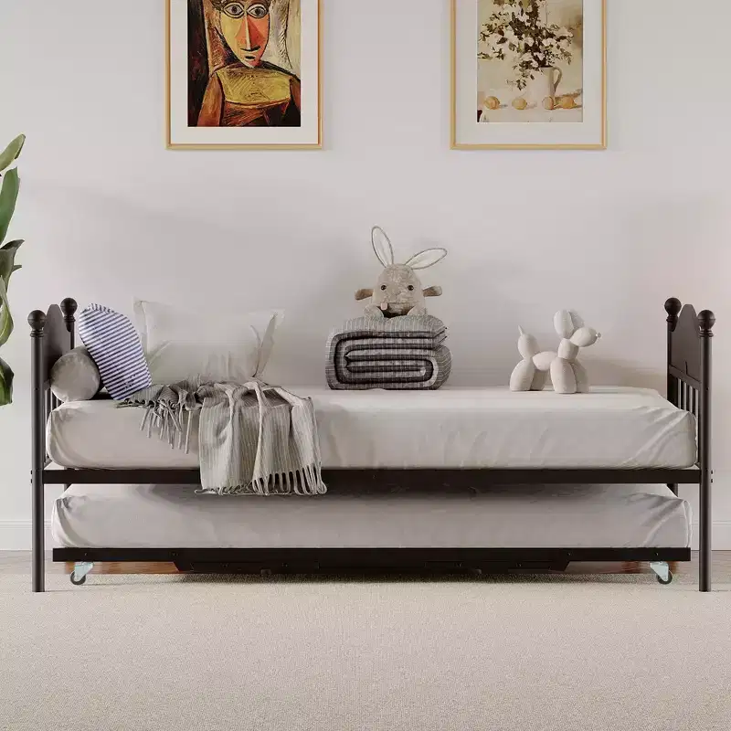 Twin Size Daybed with Trundle and Headboard, Steel Slat Support
