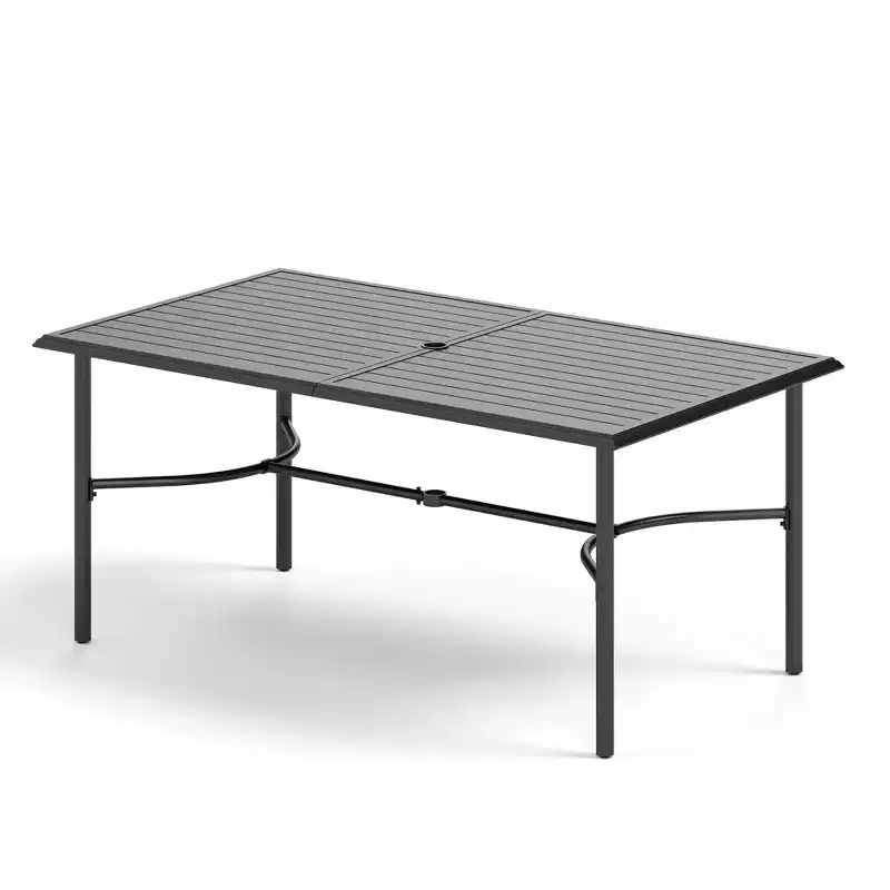 Captiva Designs 7pc Patio Slatted Top Steel Dining Table with Umbrella Hole & Stylish Cushioned Metal Chairs