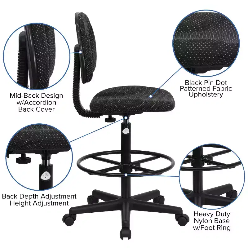 Adjustable Drafting Chair – Two Cylinder Heights, Mid-Back, Upholstered, 250 lb Capacity