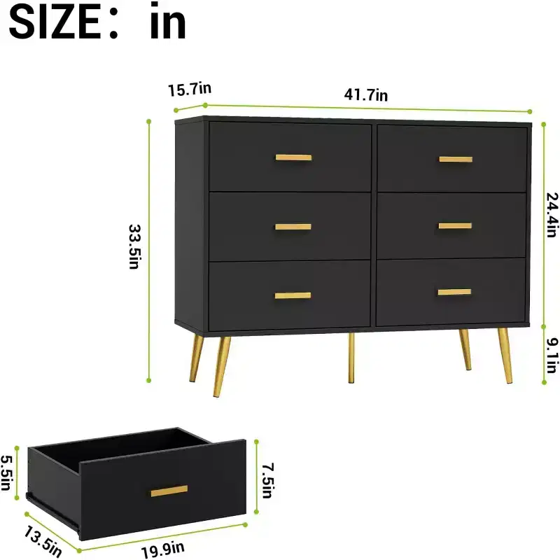 6 Drawer Wooden Dresser with Metal Handles