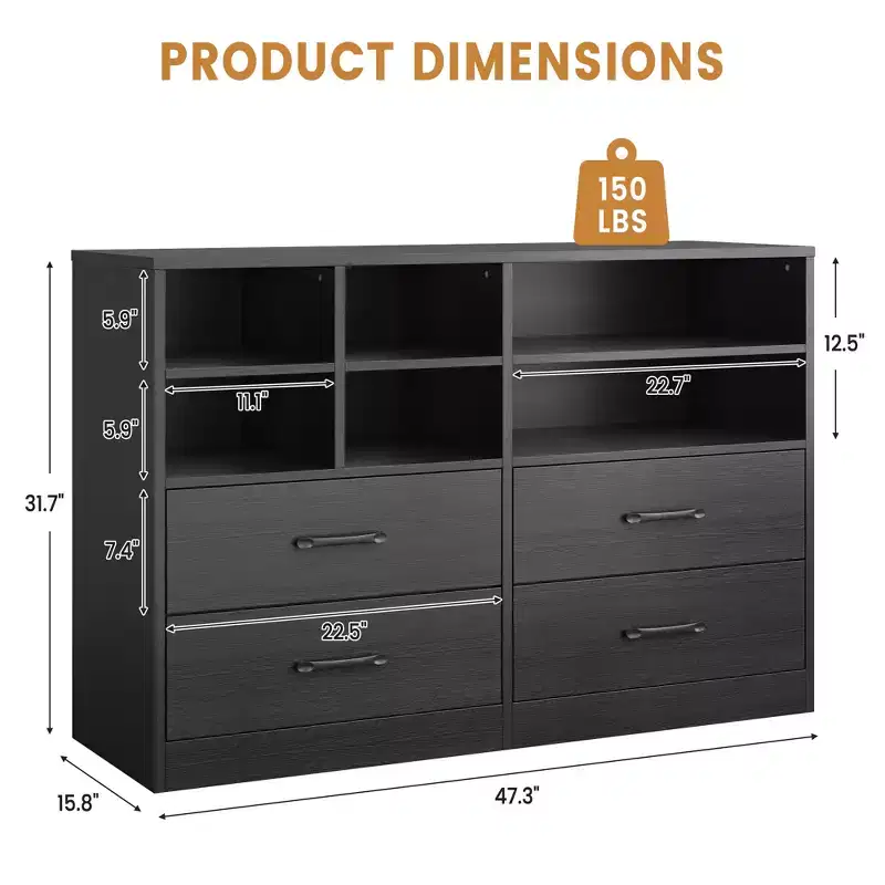 4-Drawer Dresser, Multi-Space Organizer for Bedroom,Cabinet with 6 Storage Cubbies  Modern Dresser & TV Stand, Living Room, Black