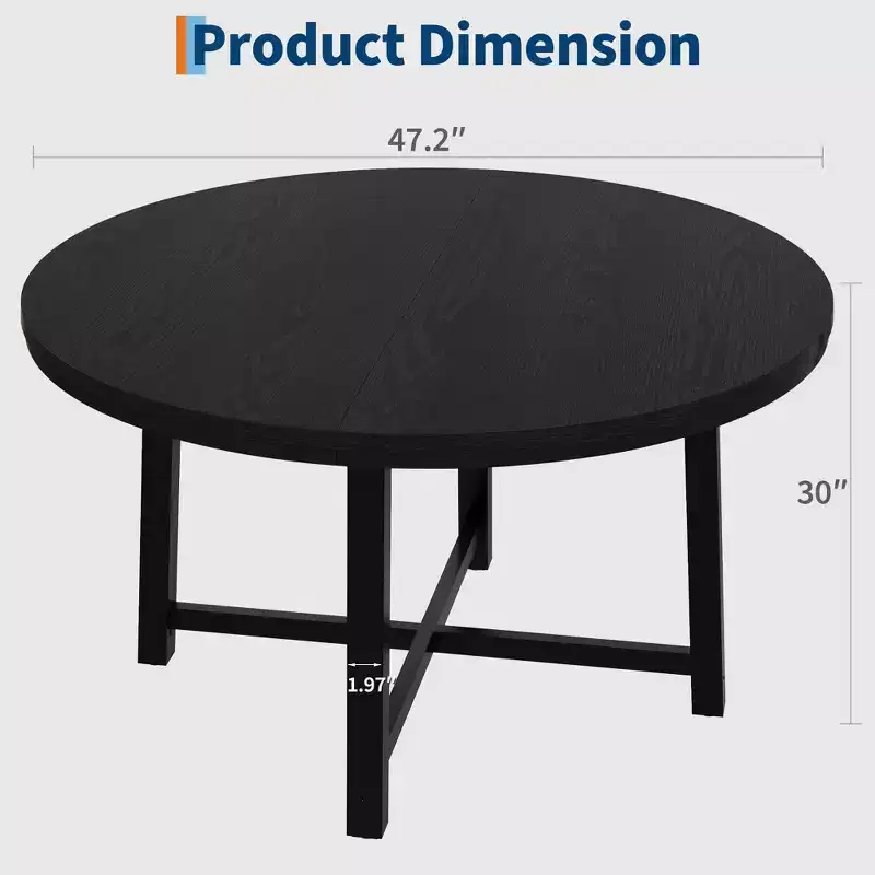 Round Dining Table for 4-6, 47 Industrial Dinner Table with Metal Base, Kitchen Table for Dining Room, Small Space, Apartment