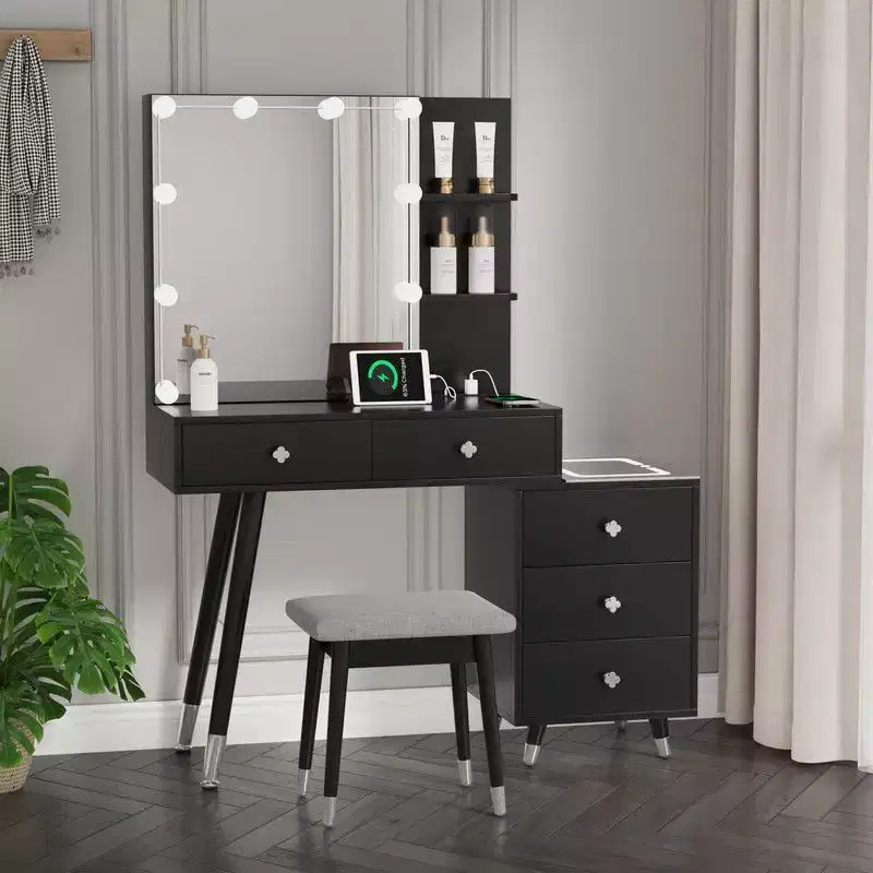 White Linen Particleboard Veneered with Solid Wood Legs with Brass Bushing Trim with LED Tri-tone Panel Vanity Table Set
