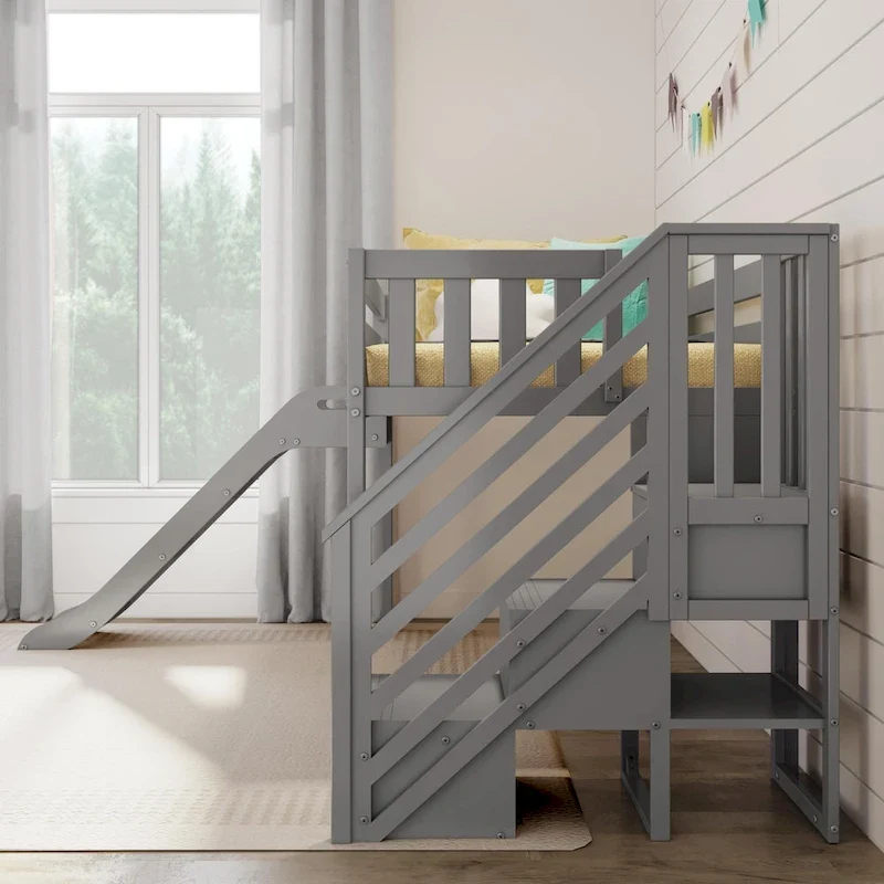 Max and Lily Classic Twin Low Loft with Stairs, Easy Slide and Curtain
