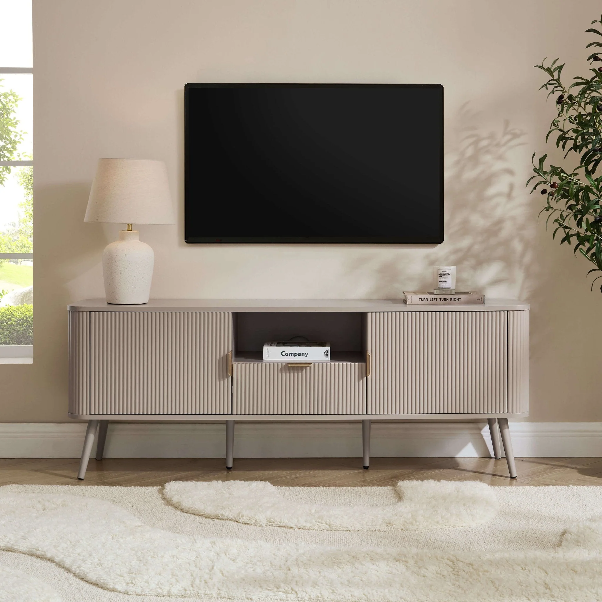 Contemporary Taupe Wood Effect TV Unit with Panelled Design for TVs up to 65 Inch for Living Room