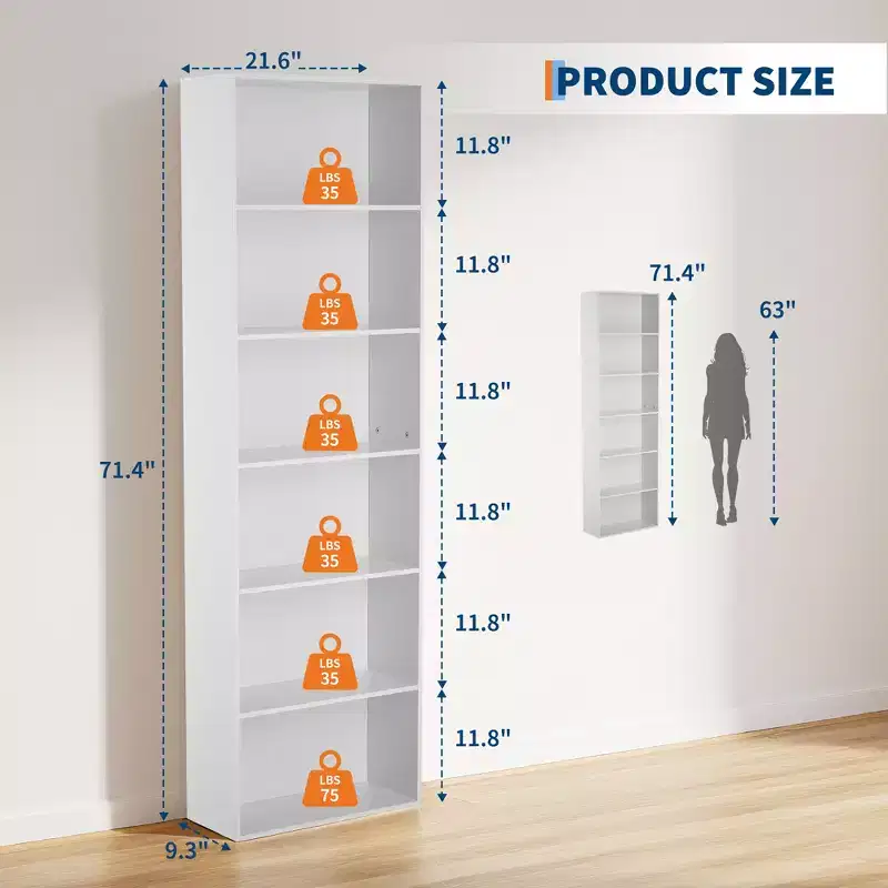 71.4 6-Tier H-Shaped Bookshelf, Heavy Duty Open Shelf Storage Organizer for Home Office, Living Room, Bedroom