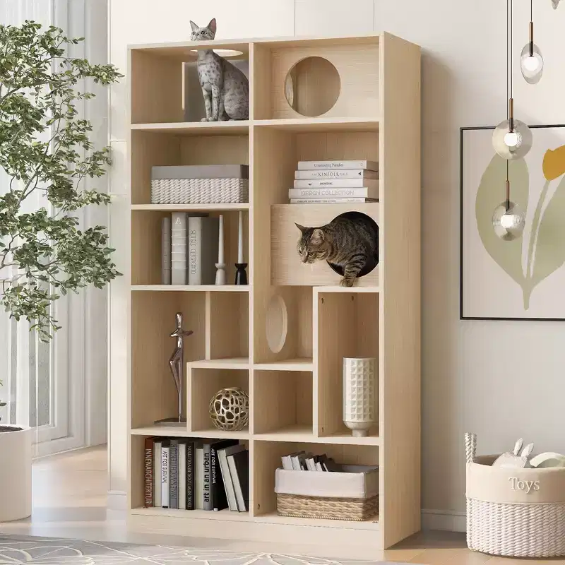 2 in 1 Bookshelf Cat House Cat Tree Display Case Cat Litter Box Enclosure Climbing Shelf Bookcase Storage Rack, Natural