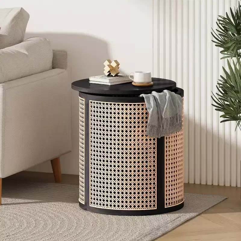 Round Rattan Side Table with Rubber Solid Wood Top, 15.7 in End Table, 15.7x15.7x17.8 in