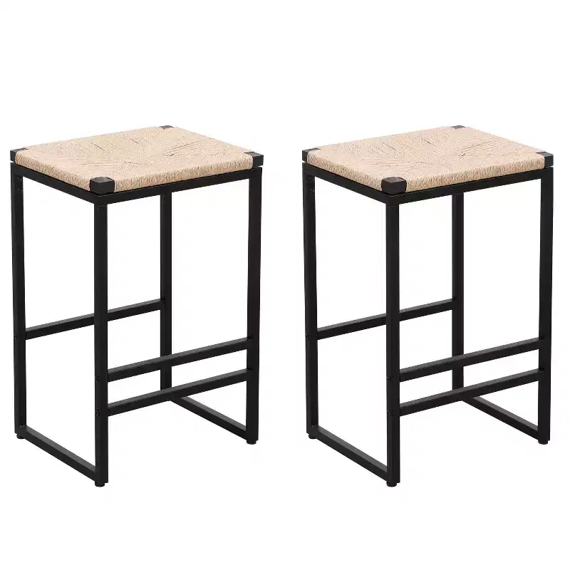 Okak 25Paper Rope Woven Backless Bar Height Stools Set of 2, Counter Stools with Footrest for Dining Table&Kitchen Island