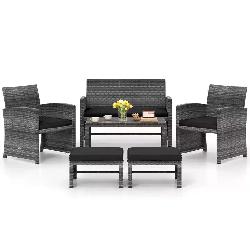 Costway 6PCS Patio Furniture Set Outdoor Sectional Conversation PE Rattan Sofa Set Black/Gray/Navy/Red/White/Turquoise