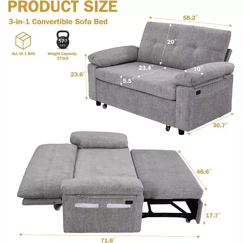 Dyonery 3-in-1 Convertible Sofa Bed, Pull Out Sleeper Sofa with USB Charging Station & Adjustable Backrest