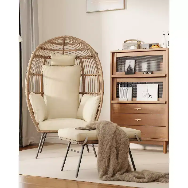 Wicker Egg Chair with Ottoman, Egg Basket Lounge Chair with Thick Cushion, Comfy Egg Rattan Seat for Indoor Outdoor Patio Porch Backyard