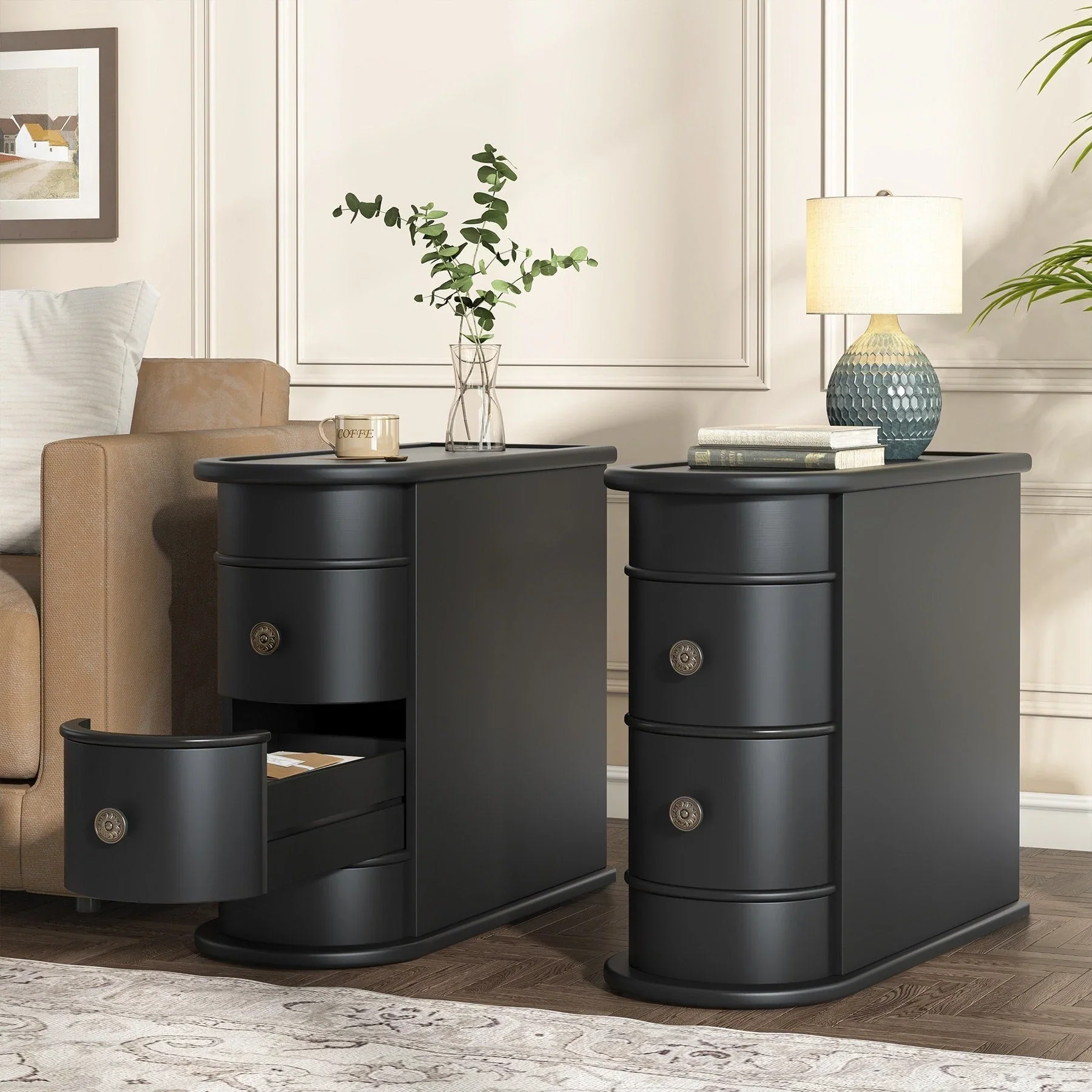Solid Wood Chairside End Table, Two-Drawer Narrow Side Table Slim